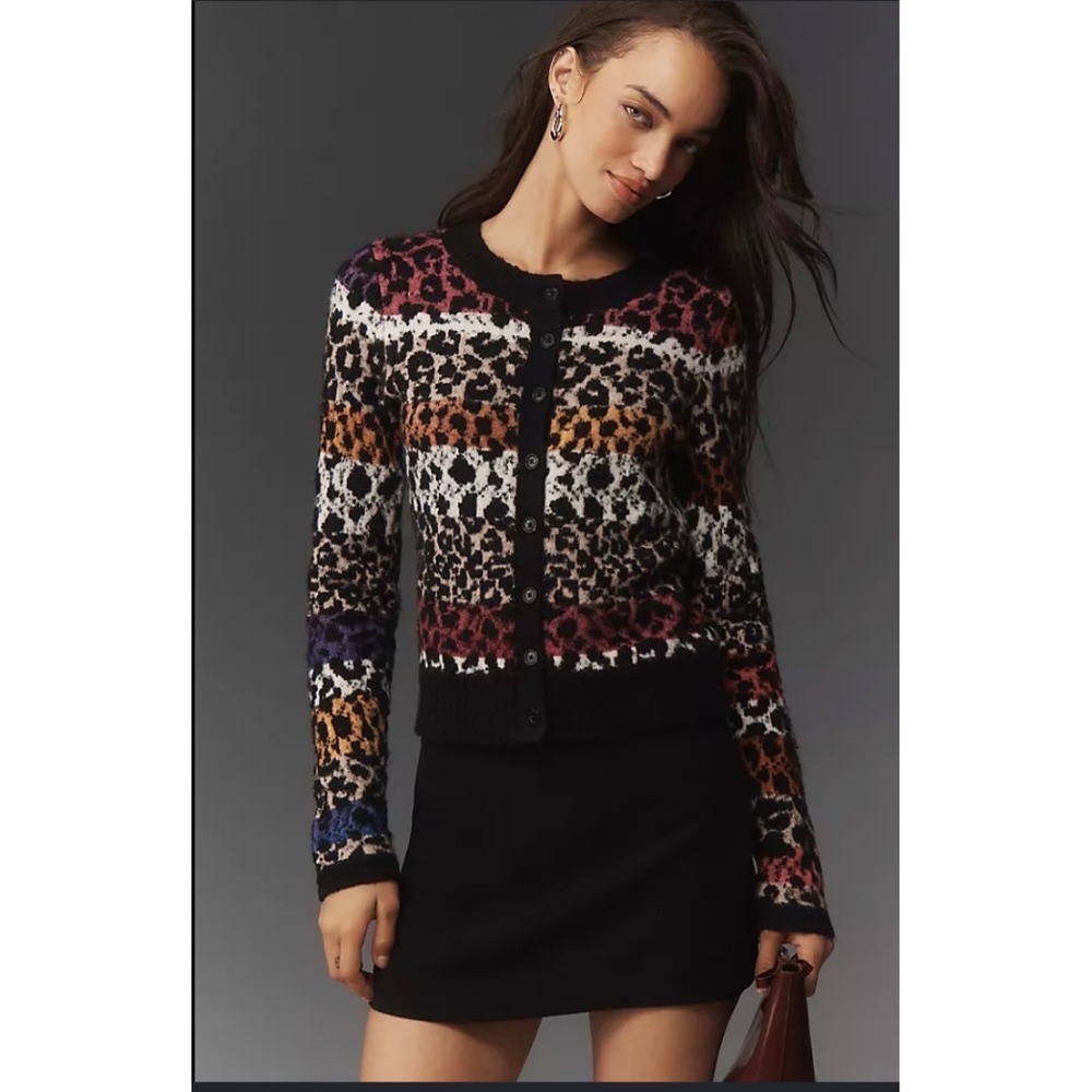 Maeve Anthropologie Leopard Print Cardigan Sweater Multicolor Wool Blend M